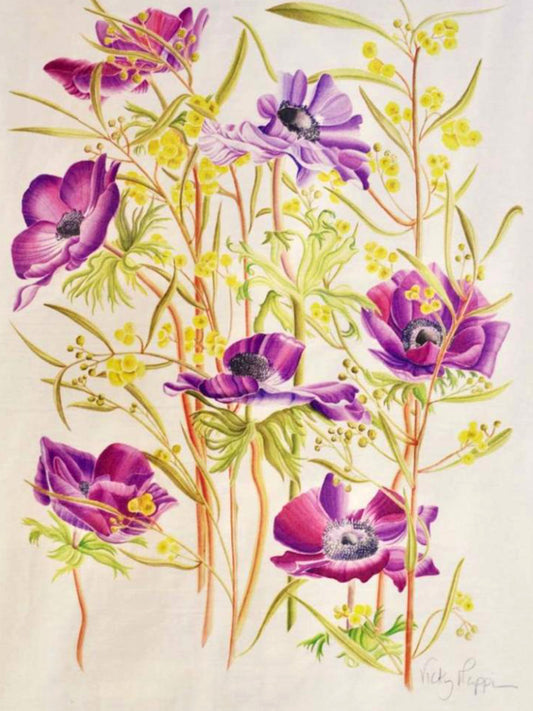 Anemones and Mimosa Tea Towel